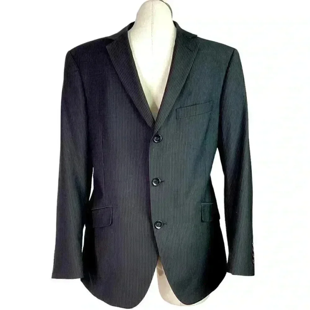 Billy London Sport Coat Blazer Jacket Mens 42S Black Blue Pinstripe Rayon Blend